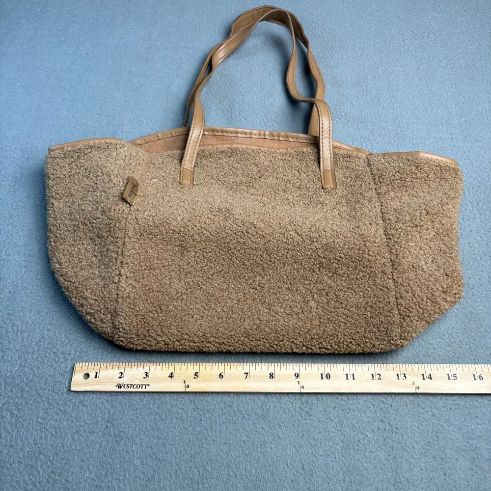 Neiman Marcus Faux Shearling Sherpa Tote Bag Camel Tan Brown Shoulder Bag